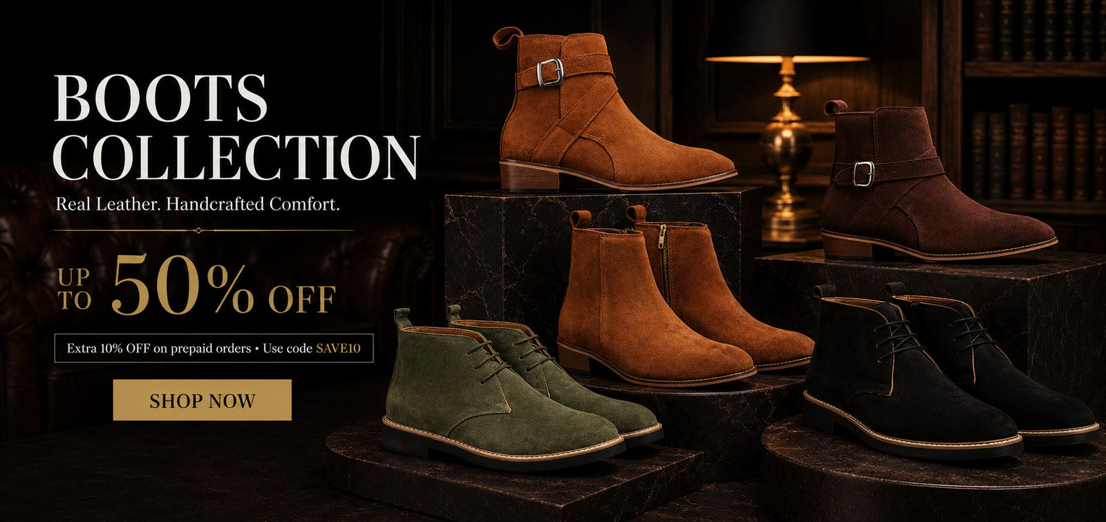 Boots Collection — up to 50% off, real leather, handcrafted comfort